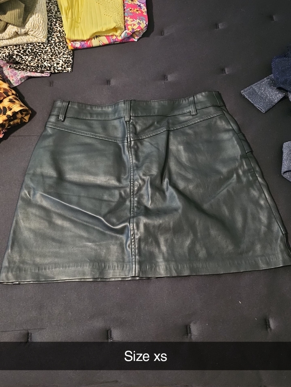 Black Faux Leather A-Line Mini Skirt with Patch Pockets - Picture 2 of 2